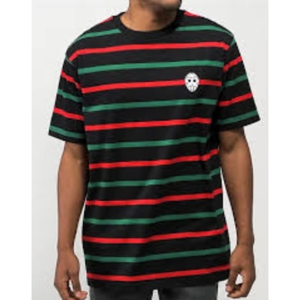 DGK Masked Stripe SS Knit Black Red Green Hockey Mask T-Shirt Mens L NWT